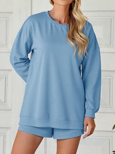 Tankaneo Womens Oversized 2 Piece Outfits Sweatsuit Casual Long Sleeve Crewneck Sweatshirts Sweat Shorts Fall Lounge Sets thumbnail 4
