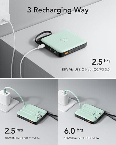 VRURC Portable Charger USB C, Power Bank with Built-in Cable, 10000mAh 20W Battery Pack for iPhone 16 15 14 Samsung Galaxy S23 S22 Google, Note 20, Pixel, Moto, LG Android Phone, Green(1 Pack) thumbnail 6