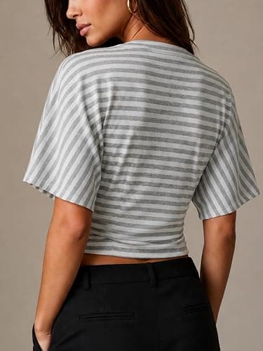 CHYRII Womens Summer Tops Lyocell Striped Batwing Short Sleeve T Shirts | Cinched Waist Slim Fitted Tee, 2026 Casual Y2K Clothes thumbnail 4