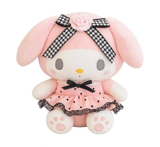 AlphaDesignLuxe 13″ Kitty Plush Toy – Kawaii Cat Stuffed Animal with Long Pink Ears, Polka-Dot Dress, Black Lace Trim & Rose Bow, Soft Plush Doll Gift for Kids, Teens & Collectors - Image 1