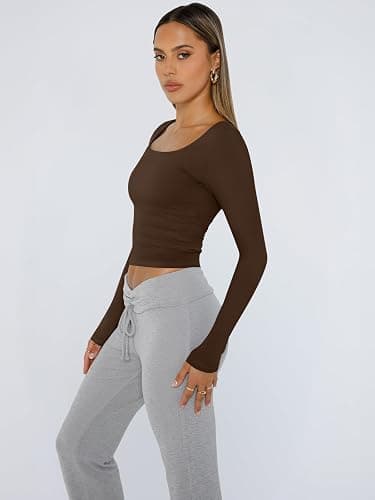 Trendy Queen Womens Square Neck Long Sleeve Double Lined Slim Fit Tops thumbnail 4