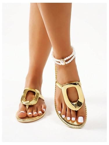 OYOANGLE Women's Metallic Dressy Sandals Flip Flops Vacation Slide Sandals | Vacation Sandals, Beach Flat Sandals, Summer Sandals, Open Toe, Lightweight Thong Sandals thumbnail 2