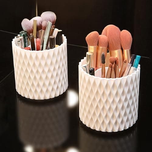 FYGAIN Makeup Brush Holder Organizer, 360° Rotating Multi-Functional Pen Holder for Desk, Spinning Multi-Purpose Desktop Stationary Organizer for Lipsticks, Comb, Beauty Tool - White thumbnail 2