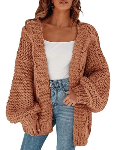 Cicy Bell Women's Open Front Chunky Knit Cardigan Loose Lantern Sleeve Oversized Sweater Coats - Image 1