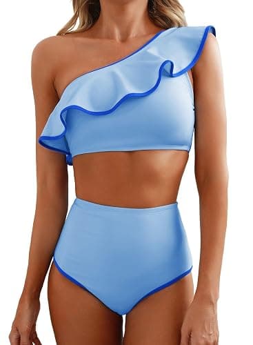 Herseas Women's One Shoulder Bikini Sets Color Block Trim Ruffle Hem Swimsuits Elegant Bathing Suits - Large - Sky Blue - Image 1