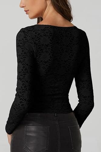QINSEN Chic Floral Lace Crop Tops for Women Slimming Fit Long Sleeve Square Neck Going Out Basic Shirts thumbnail 5