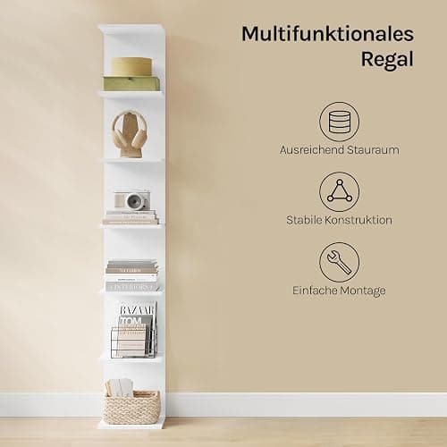 WOLTU Regal mit 7 Ebenen, für Wohnzimmer Schlafzimmer Büro, Bücherregal Standregal schmal, freistehend wandmontiert, aus Holzwerkstoff, 30x189,5x28 cm, Weiß thumbnail 7