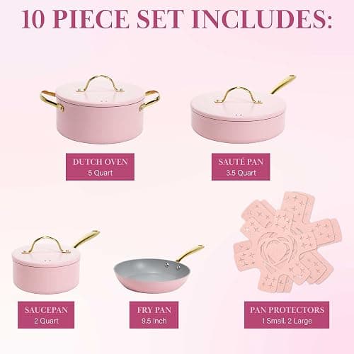 Paris Hilton Iconic Nonstick Pots and Pans Set, Multi-layer Nonstick Coating, Matching Lids With Gold Handles, Made without PFOA, Dishwasher Safe Cookware Set, 10-Piece, Pink thumbnail 4