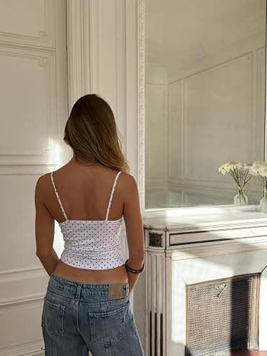 Womens Polka Dots V Neck Camisole Tops Sleeveless Fitted Y2K Tank Top Cami Teen Girls Summer Going Out Tops thumbnail 6