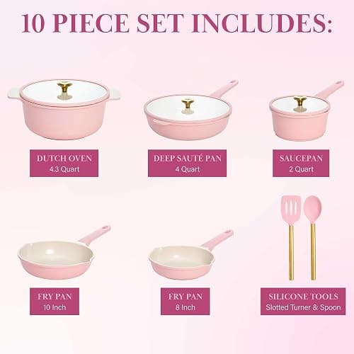 Paris Hilton Ceramic Nonstick Cookware Set, Cast Aluminum with Dual Layer Nonstick Coating, Gold Heart Knobs, Stay-Cool Handles, Made without PFAS, PFOA, PFOS & PTFE, Dishwasher Safe, 10-Piece, Pink thumbnail 3