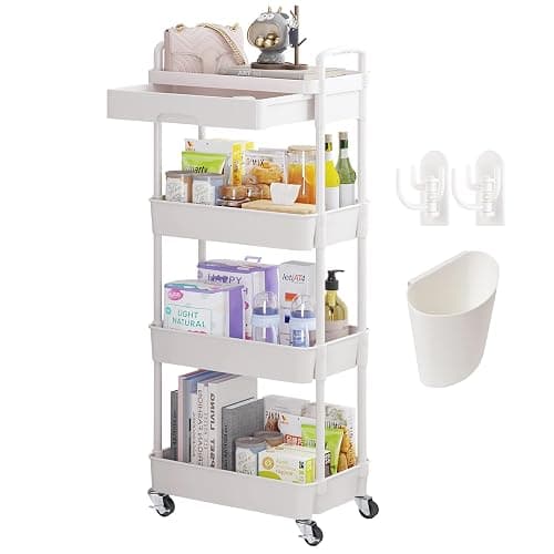 Wuciray Beauty Trolley on Wheels 4 Tier Storage Trolley with Drawer Plastic Beauty Trolleys Rolling Utility Cart for Home Kitchen Bathroom Laundry Office White Storage Trolleys on Wheels - Image 1