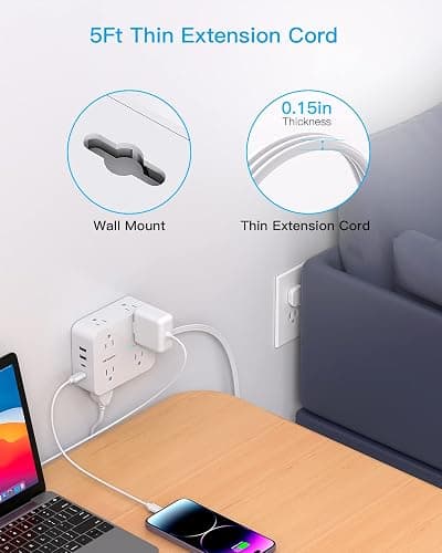 Surge Protector Power Strip, HANYCONY Extension Cord with Multiple Outlets, 5 Ft Ultra Thin Flat Plug 8 Outlets 4 USB Ports(2USB C), 1080J Outlet Extender for Home Office College Dorm Room Essentials thumbnail 7