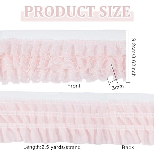 BENECREAT 2.5 Yards 3-Layer Ruffle Lace Pleated Trim, 3-5/8 inch Wide Chiffon Flower Trim Gathered Ribbon for Wedding Applique Clothing Sewing Craft DIY Decor, Pink thumbnail 2