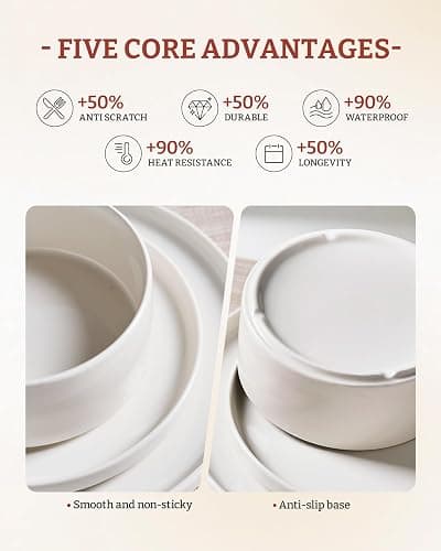 Famiware Porcelain Dinnerware Set, 18-Piece Modern Plate and Bowl Set, dish set for 6, Microwave and Dishwasher Safe Tableware, White thumbnail 7