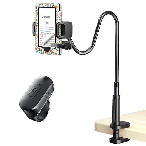 [Case-Friendly] Long Tablet Stand for Kindle with Page Turner Ring Remote, Gooseneck Holder for Reading in Bed with Clicker, eReader Accessories Gift for Readers Compatible with iPad iPhone Fire HD - Image 1