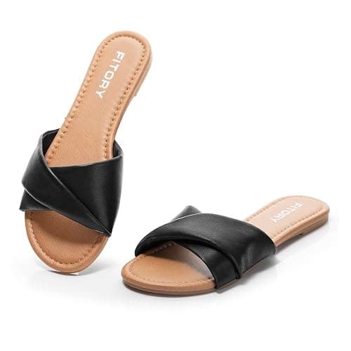 FITORY Women's Flat Sandals Fashion Slides With Soft Leather Slippers for Summer Size 6-11 - Image 1
