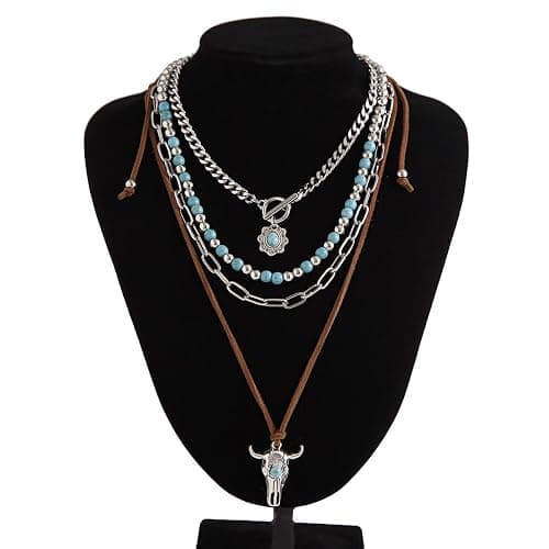 Hclian Western Necklaces Boho Layered Charm Necklace for Women Turquoise Beaded Choker Ox-head Pendant Necklace Western Jewelry for Women Cowgirl Accessories thumbnail 5