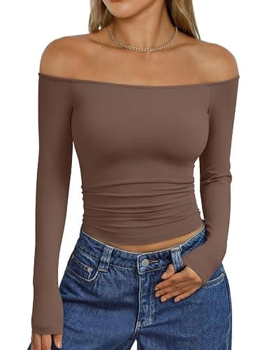 Trendy Queen Womens Long Sleeve Off The Shoulder Tops Going Out Cute Basic Y2K Fall Fashion 2025 Outfits Clothes - Image 1