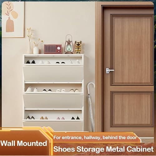iCHENGGD Shoe Storage Cabinet with 3 Flip Drawers, Hidden Slim Narrow Shoe Rack Cabinet, Wall Mount Metal Shoe Cabinet for Entryway, White thumbnail 3