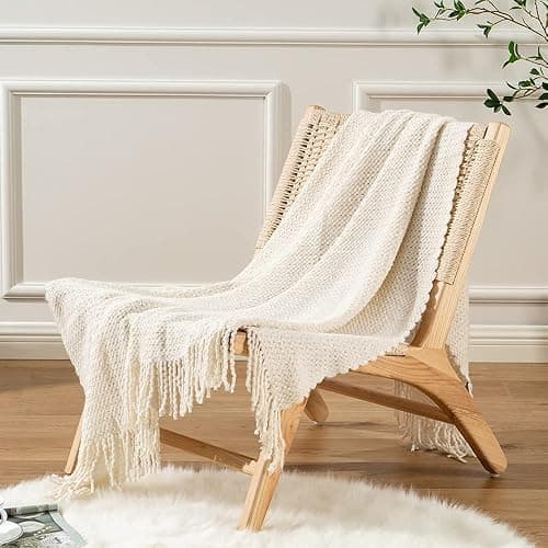 BATTILO HOME White Throw Blanket for Couch, Lightweight Cream Knitted Throw for Sofa Bed Home Decor Textured Soft Cozy Throw with Tassels Suitable All Seasons 50"x60" thumbnail 7
