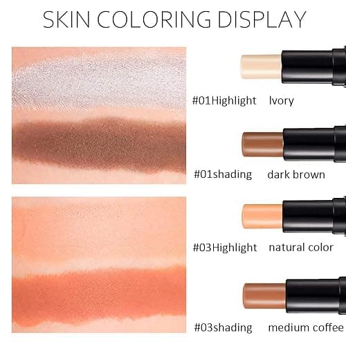 evpct 4 Colors Contour Stick Makeup Set, Cream Concealer Stick Contouring Palette Makeup Kit for Beginners, Nose Bronzer Sticks, Liquid Face Highlighter Make up contorno maquillaje, 01+03 thumbnail 4