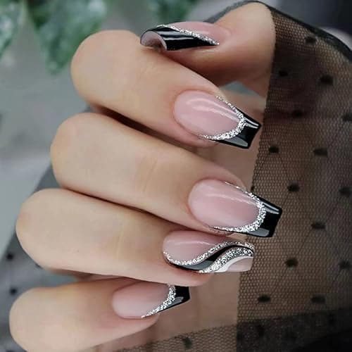 24PCS Black French Tip Press on Nails Medium Length Square Fake Nails with Silver Glitter Line Designs Glossy Coffin Nails Full Cover Nail Tips False Cute Stick on Nails for Women