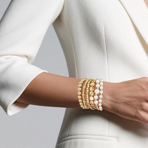 Gold Beaded Bracelets Set for Women Stretch Elastic Stackable Bracelets Dainty Round Bead Ball Pearl Cross Bracelet Stack Enewton Stretchable Bracelet Jewelry Christmas Mothers Day Gifts thumbnail 2