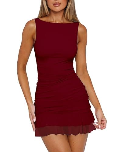 HOCILLE Women's Sexy Bodycon Boat Neck Mini Dresses Sleeveless Ruched Ruffle Hem Club Party Short Dress - Image 1