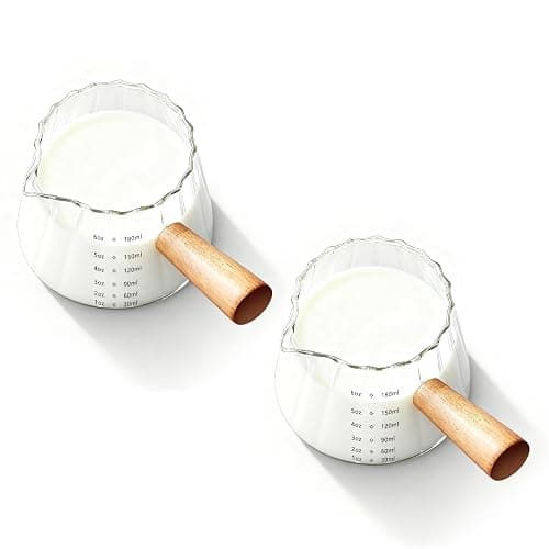 YARRAMATE 2 Pack 6 oz/180ML Glass Measuring Cup with Wooden Handle – Espresso Shot Cups, Ribbed Milk Frothing Pitcher, Dual Scale Markings, V-Shaped Mouth for Easy Pouring - Image 1