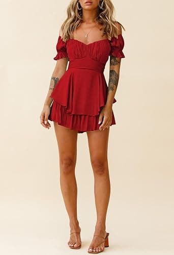 Fixmatti Women Boho Romper Off Shoulder Ruffle Chiffon Shorts Jumpsuit Playsuits thumbnail 5