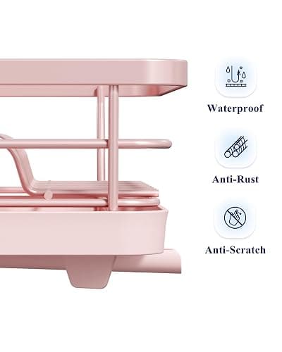 Kitsure Dish Drying Rack for Kitchen Counter, Stainless Steel Sink Organization and Storage Essentials with Cutlery Holder, Home and Appartment Decor, 12''W x 15.5''L, Pink thumbnail 5