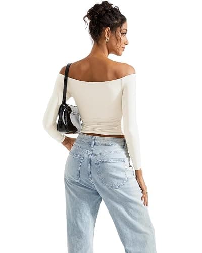 SUUKSESS Women Off Shoulder Double Lined Long Sleeve Shirts Basic Going Out Tops thumbnail 7