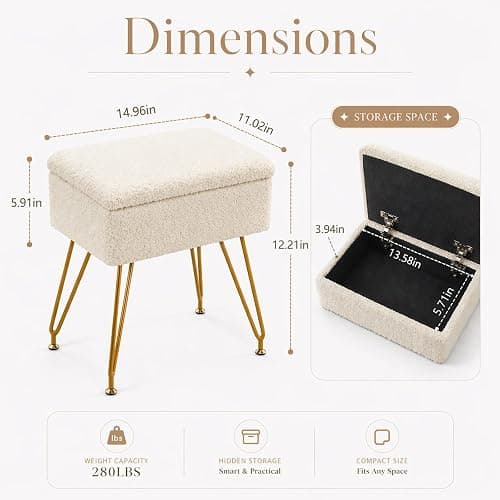 Alessing Vanity Stool Chair Ottoman with Storage, Sherpa Vanity Chair for Makeup Room, Rectangle Vanity Stools with Metal Legs, Soft Makeup Stool Footrest Footstools for Bedroom Living Room, White thumbnail 2