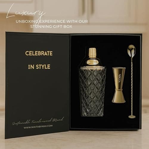 Gold Cocktail Shaker Set - 5 Piece Martini Shaker Set with Strainer, Jigger, Spoon & Muddler - 16oz Glass Cocktail Shaker Set - Ideal Gift for Home Bar & Drink Trolley Décor thumbnail 7