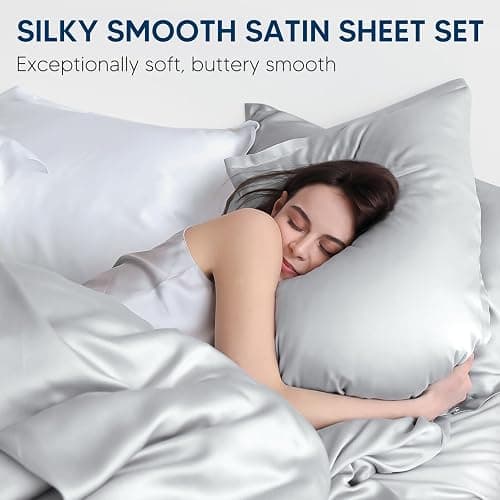 Tokokimo Satin Sheets Queen Size 4 PC - 16" Deep Pocket Silky Soft Bed Sheets, Wrinkle-Free Satin Silk Sheet, Hair & Skin Saver Bed Sheets Set with 1 Fitted Sheet, 1 Flat Sheet, 2 Pillow Cases thumbnail 2