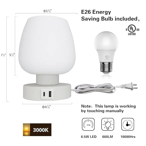 Touch Bedside Table Lamp - Small Lamp for Bedroom with USB C+A Charging Ports 3 Way Dimmable, Nightstand Desk lamp with White Opal Glass Lamp Shade Warm LED Bulb Included, Simple Design Gifts thumbnail 8