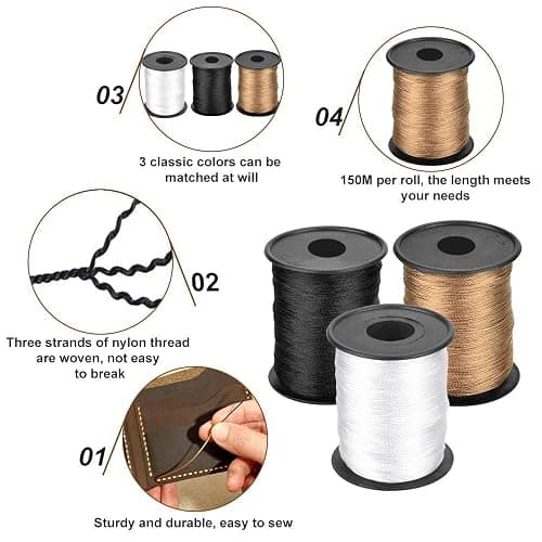 TANCUDER 14 PCS Aiguille Couture Main Cuir Aiguilles à Coudre Main et 3 Rouleaux de Fil de Nylon Kit Couture Cuir Différentes Aiguilles pour Perruques Tricot Canapés Artisanat(Noir + Marron + Blanc) thumbnail 4