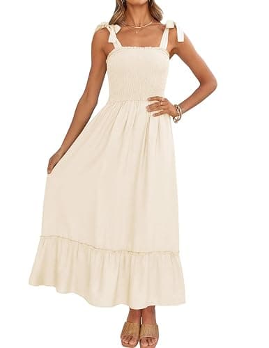 ZESICA Women's 2026 Summer Boho Spaghetti Strap Square Neck Solid Color Ruffle A Line Beach Long Maxi Dress - Image 1
