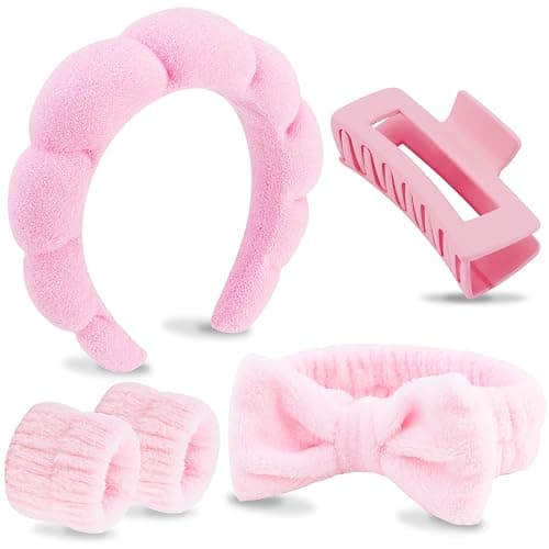 VELSCRUN Spa Headbands for Wash Face, Makeup Headband, Facial Skincare Headbands, 5 Pcs Pink Puffy Sponge Spa Headband Bow Tie Hair Band Hair Clips Wristband Set Women Girls Accessories - Image 1