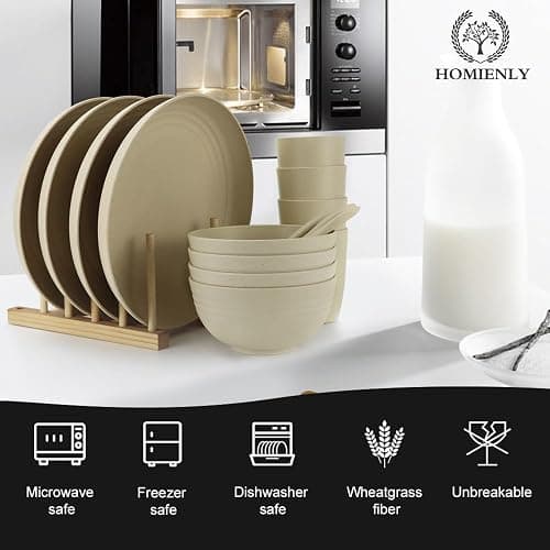 Homienly Wheat Straw Dinnerware Sets, 20pcs Lightweight Unbreakable Dinnerware, Microwave Dishwasher Safe Bowls Cups Forks Spoons set,Perfect for Camping Outdoor, Beige thumbnail 4