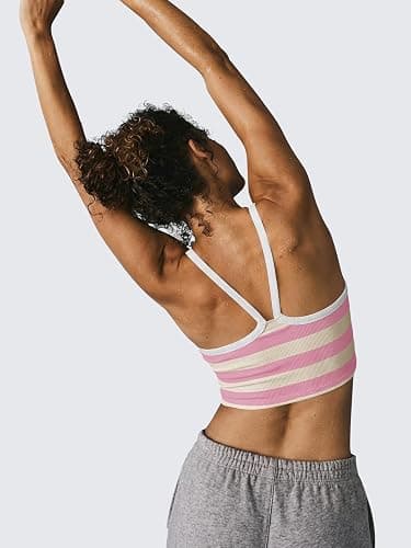 Fisoew Womens Striped Crop Sleeveless Tank Tops Scoop Neck Crossed V Racerback Cami Workout Yoga Athletic Sports Tops thumbnail 3