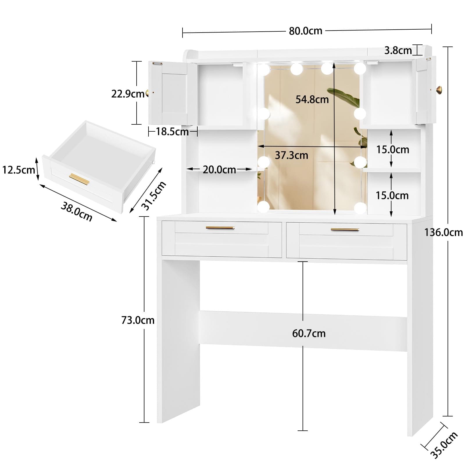 FIONESO Makeup Vanity Desk with HD Mirror & 10 Lights, Dressing Table with 2 Cabinets & 2 Shelves, Makeup Vanity Table with 2 Drawers & 3 Lighting Modes, Vanity Desk Set for Girls & Women, White thumbnail 5