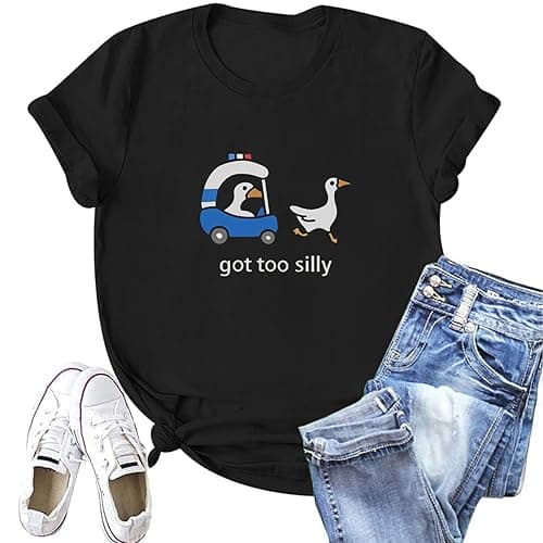 Migxsaf Got Too Silly Goose T Shirt Funny Cute Shirts for Women Ducks Car Printed Graphic Tees Short Sleeve Summer - Black - Medium