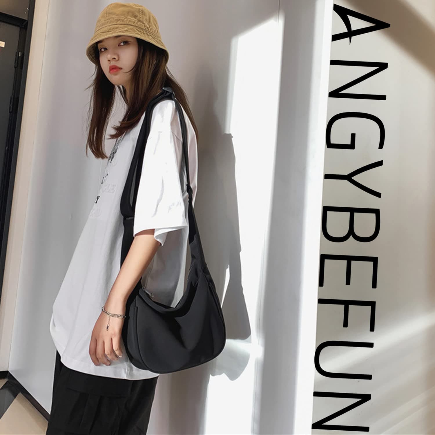 Bolso Cruzado Media Luna Nylon Impermeable Bandolera Ligera Cremallera Hobo Tote Fanny Pack Viaje Escuela Deporte Trabajo - Negro thumbnail 6
