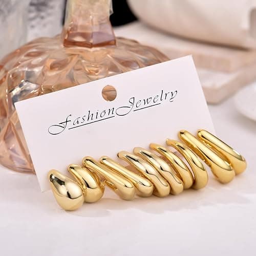 FOURPG 10 Pairs Hypoallergenic Chunky Gold Dangle Earrings for Women Trendy Thick Gold Plated Hoop Earrings Set Lightweight Jewelry thumbnail 3