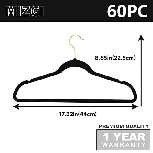 MIZGI Premium Velvet Hangers Pack 60 Pcs Heavyduty - Non Slip Slimline - Velvet Suit Hangers Black - Gold Hooks,Space Saving Clothes Hangers thumbnail 2