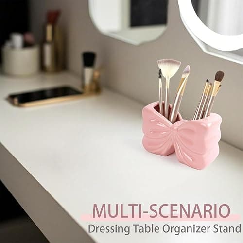 Bow Toothbrush Holder, Pink Ceramic Multi-Purpose 2-Section Organizer for Bathroom, Kitchen, Bedroom, Office Decor thumbnail 7