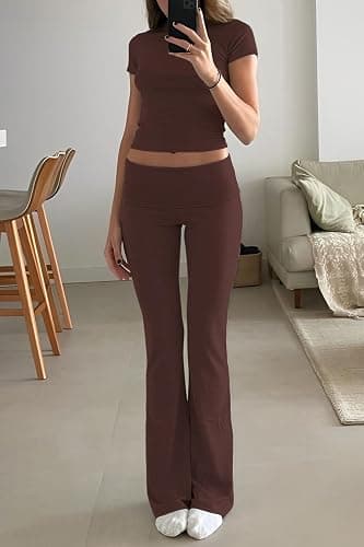 YETOWA Women's 2 Piece Lounge Outfits Slim Short Sleeve Tops Low Rise Flare Leggings Sets Yoga Sweatsuit thumbnail 4