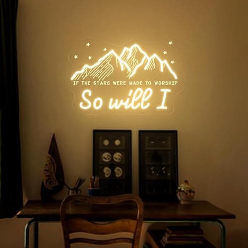 If The Stars Were Made to Worship So Will I Neon Sign, Christian LED Wall Light, Bible Verse Wall Art, Inspirational Jesus Quote Sign, Mountain Lover Gift, Catholic Faith Home Decor 16〞× 10.7〞 - Image 1
