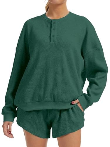 AnotherChill Women's Oversized Waffle Knit Lounge Set Long Sleeve Sweatshirt and High Waisted Shorts 2 Piece Casual Outfit - Image 1
